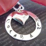 Wedding-Gift-Bride and Groom-Personalized Hand Stamped Jewelry-Heart Charm-Wedding Keepsake