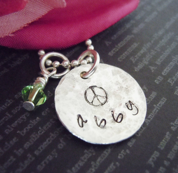 Hand Stamped Necklace-personalized Jewelry-name Jewelry-peace Sign-sterling Silver-birthstone