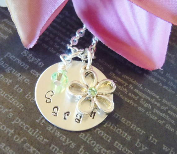 Personalized Hand Stamped Necklace-mother Necklace-personalized Jewelry-childrens Necklace-birthstone And Flower Charm