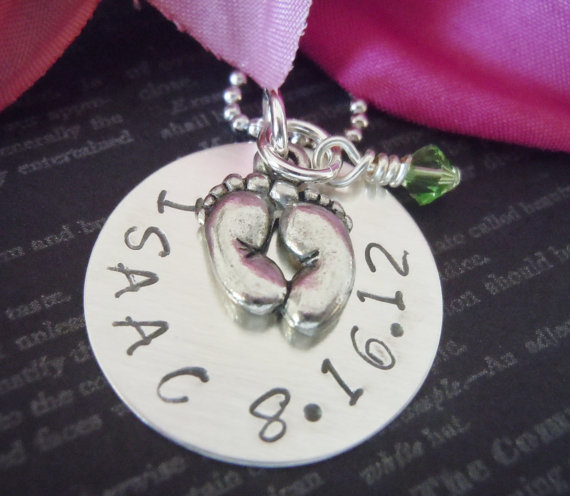 Baby-personalized Baby Keepsake-baby Necklace-hand Stamped Jewelry- Baby Name And Date-baby Feet
