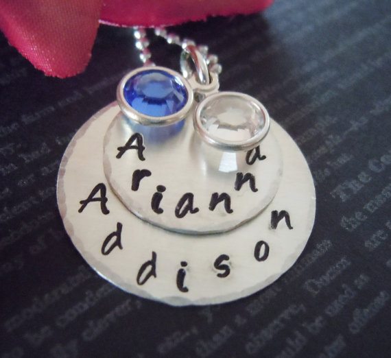 Hand Stamped-custom Name-sterling Silver-mommy Necklace With Two Swavorski Crystal Charms