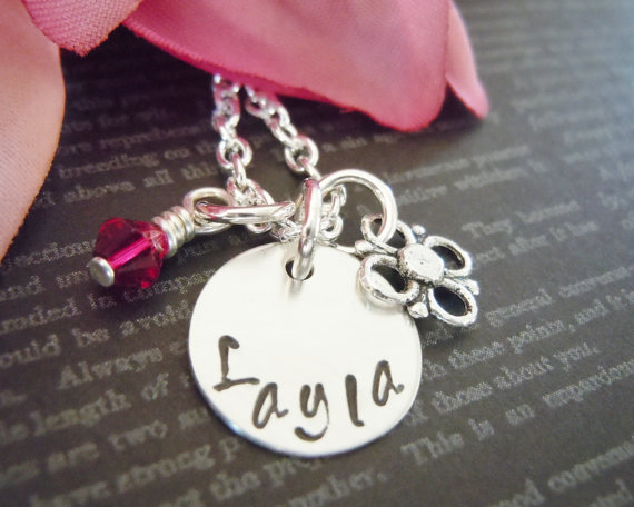 Personalized Childrens Necklace-little Girls Hand Stamped Name Necklace-swavorski Birthstone And Flower Charm