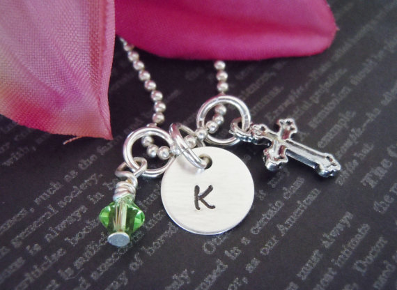 First Communion-initial Necklace-hand Stamped-chram Necklace-personalized Baby Jewerly-christening Gift-swarovski Birthstone And Cross Charm
