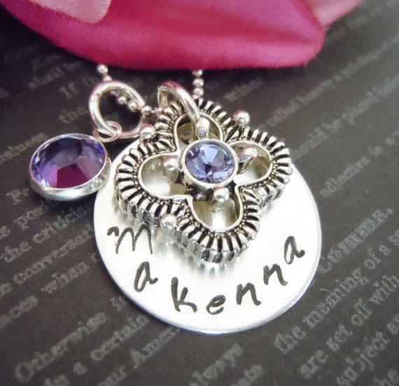 Wedding-purple-flower Girl Necklace-personalized Necklace-hand Stamped Jewelry-childrens Jewelry-tanzanite Crystal And Flower Charm