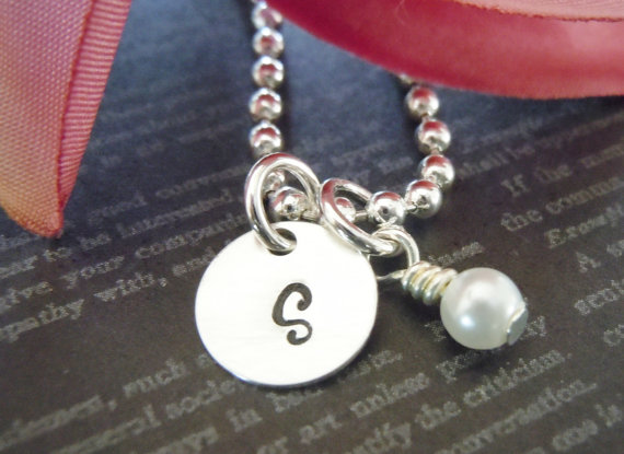 Hand Stamped Jewelry-monogram Necklace-little Girls Gift-flower Girl Gifts-single Initial With Pearl