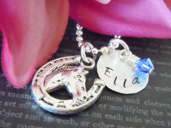 Cowgirl-hand Stamped Jewelry-personalized Necklace-childrens Necklace-silver-horse Charm-swarovski Birthstone Charm