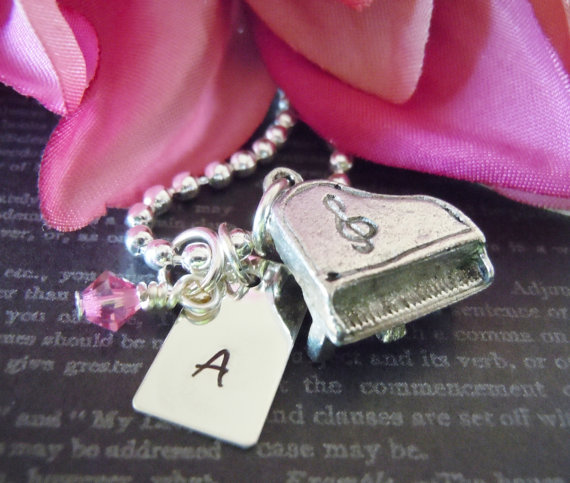 Wedding-personalized Hand Stamped Jewelry-piano Player-childrens Necklace-single Initial-sterling Silver-piano Charm